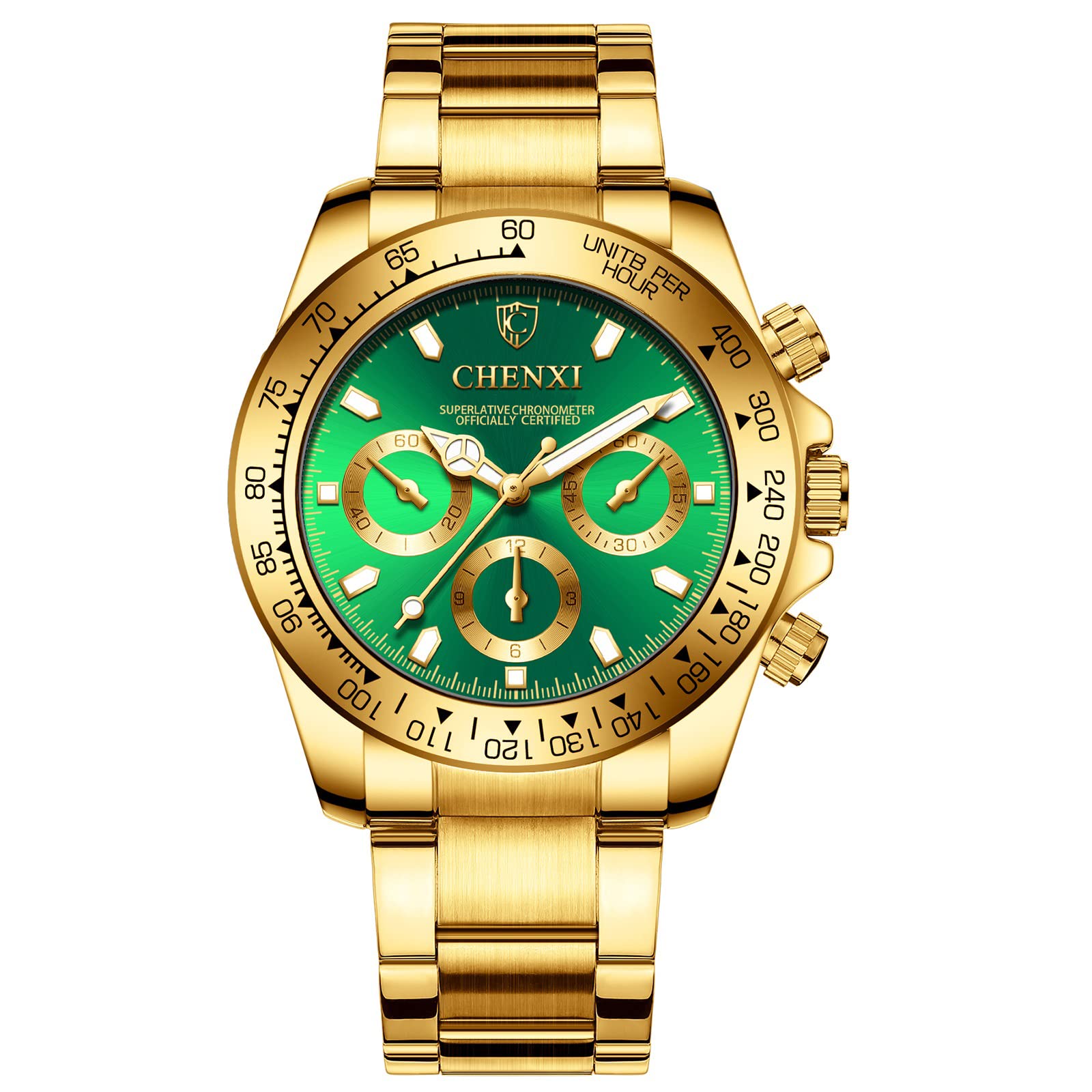 DREAMING Q&P Gold Men's Luxury Green Face Stainless Steel Classic Business Series Watch for Man