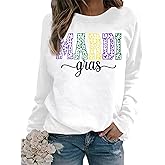 ASTANFY Mardi Gras Sweatshirt Women New Orleans Mardi Gras Party Shirts Funny Carnival Sweatshirt Mardi Gras Print Pullovers
