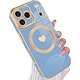 tharlet Magnetic for iPhone 17 Pro Case [Compatible with Magsafe] Cute Love Heart Luxury Plating Gold Edge Bumper with Full Camera Lens with Privacy Screen Protector, Blue (6.3")