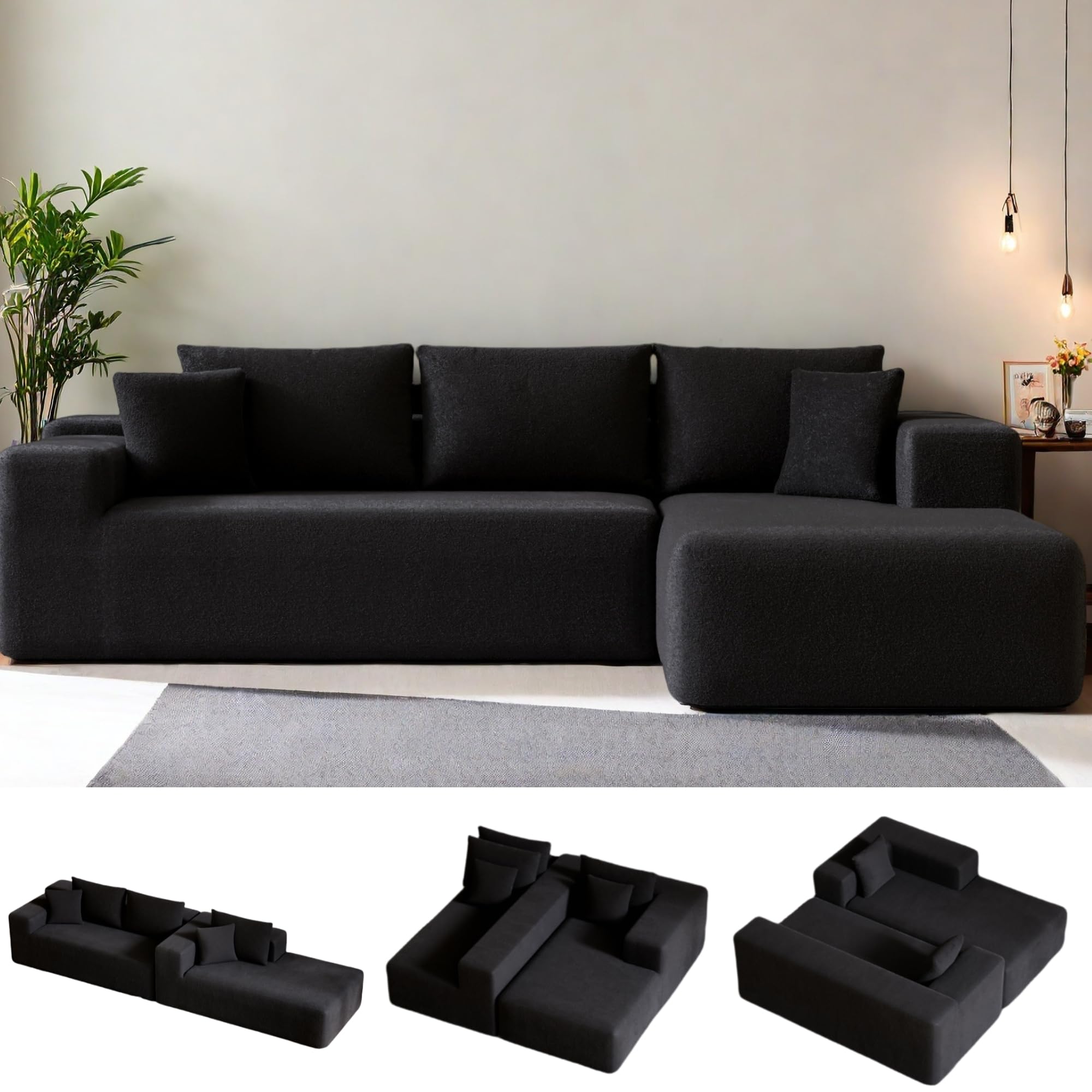 Photo 1 of Topcomfy 104” Sectional Cloud Couch, L-Shape Compressed Sofa with Left Chaise Lounge, Modern Modular Cloud Couches with 2 Pillows & Deep Seat, Rain Drop Velvet Floor Sofa for Living Room, Black