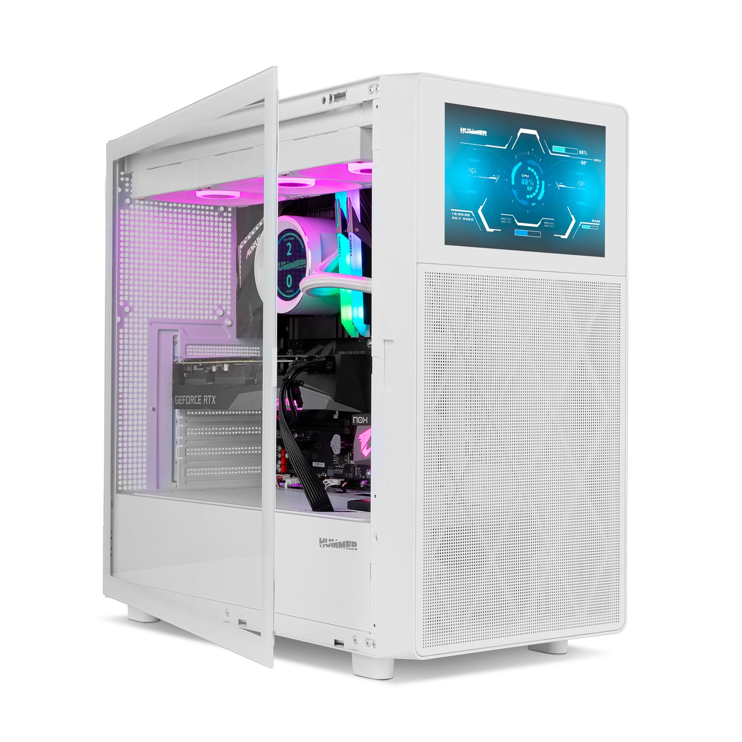NOX Xtreme Products Hummer BIOS White – ATX/Micro-ATX/ITX Midi-Tower mit 8"-LCD-Display, Front Metal Mesh, Seitenfenster aus gehärtetem Glas, Platz für 11 Lüfter, USB-C/USB 3.0, Weiß 9