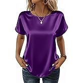Zeagoo Satin Blouse for Women Business Casual Outfit Short Sleeve Tops Crewneck Tshirt Silk Shirt Summer Clothes