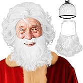 ESUNO Hair Cap+White Santa Wig and Beard for Men Short Curly Wig with Beard Adult Santa Claus Cosplay Outfit Funny Halloween Costumes White Christmas Outfit for Party Christmas Halloween