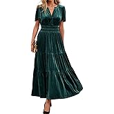 Umimore Women's Fall Velvet Maxi Dress Solid Elegant Winter Short Sleeve V Neck Elastic Waist Wedding Guest Party Long Dress
