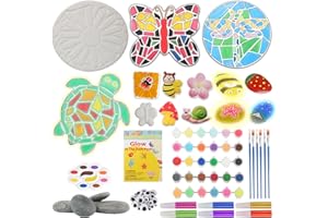 Qtioucp 43Pcs Arts and Crafts Painting Kit with 24 Vibrant Acrylic Paints &12 Glow in The Dark Color,4Pcs 5-Inch Stepping Stone &12Pcs Creativity Stone - Paint Your Own Stepping Stones for Kids