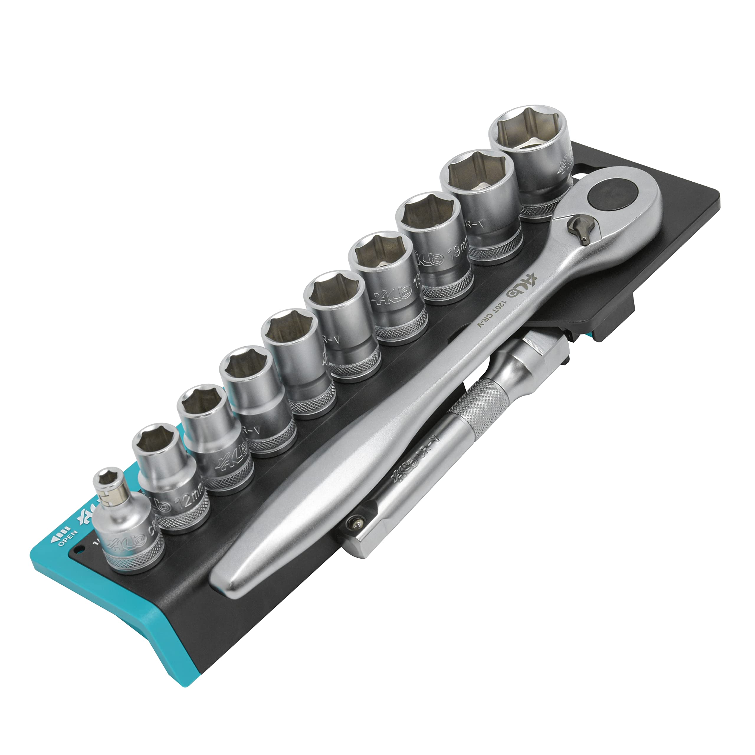 HB 120-Tooth 1/2 Inch Drive Reversible Sealed Head Ratchet Handle 32 Piece Socket Set with Extension Bar Torx PZ PH SL HEX Bits Chrome Vanadium Steel Made in Taiwan AKM023-G
