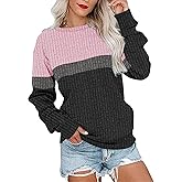 Poetsky Women's Color Block Tunic Tops Casual Long Sleeve Shirts Round Neck Pullover Light Pink Gray XXL