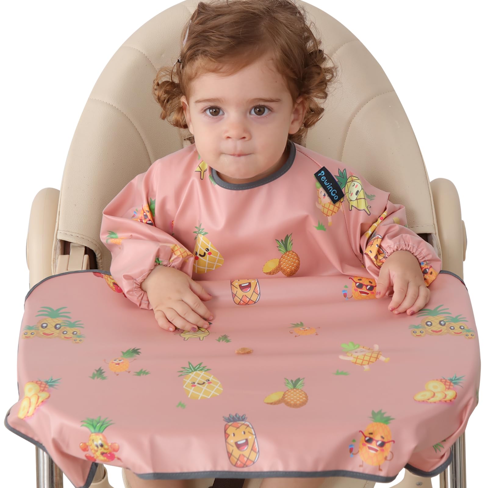PewinGo Weaning Bib Attaches and Cover the Baby, Long Sleeves Bib with Waterproof, Machine Washable & Comfortable,Easy to Clean, Suitable for BLW 6 Months to 30 Months-Pink