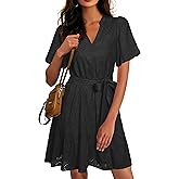 Simplee Womens 2026 Summer Mini Dress Eyelet V Neck Short Sleeve Hollow Out Belted Beach Vacation Sun Dresses with Pockets