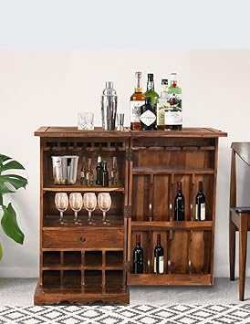 SS WOOD Furniture Sheesham Wood Sheesham Wood Wine Rack Bar Cabinet for Home | Honey Finish
