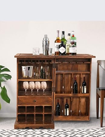 Craftatoz Sheesham Wood Wine Rack Bar Cabinet for Home