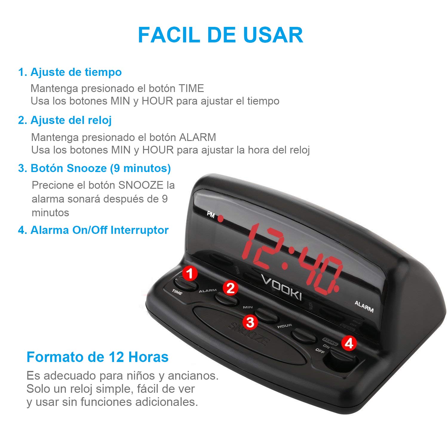 VOOKI Despertador Digital con Cable, Reloj Electrónico con Luz de Mesilla Formato de 12 Horas, Pantalla de Dígitos Rojos, Negro