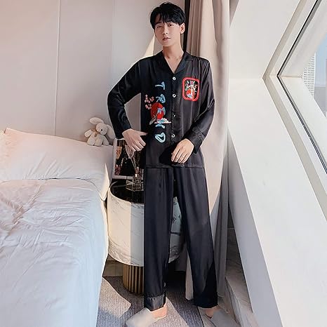 Amazon Co Jp 女性と男性のためのパジャマ 長袖パジャマ2ピースセット 女性男性のためのボタン留めのパジャマ カジュアルなネグリジェトップとズボンのスーツ 3 M ホーム キッチン