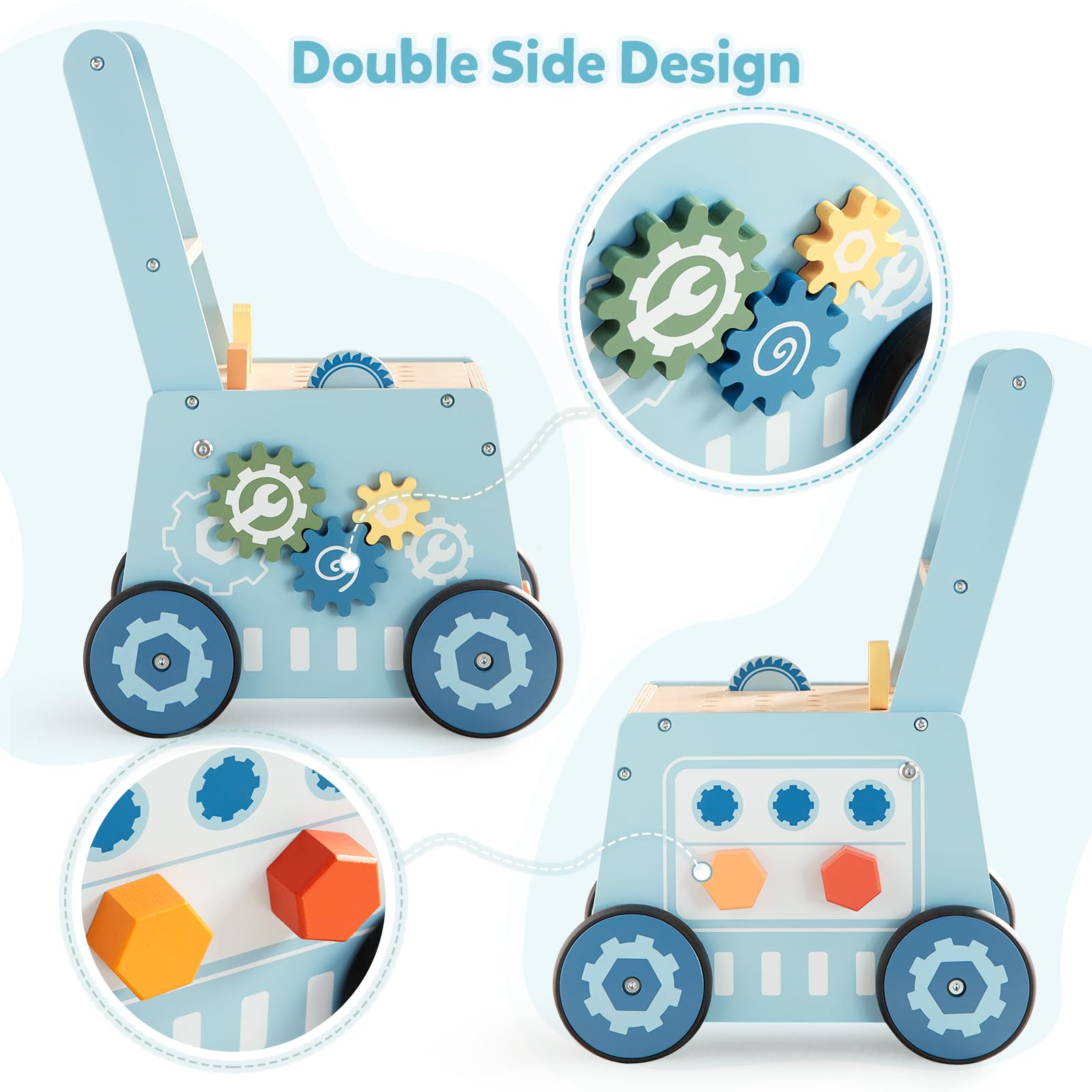 Beright Wooden Baby Push Walker, Wooden Baby Walker and Tool Toy for Toddlers, Kids Tool Bench, Baby Activity Center, Toddler Montessori Educational Toys, Blue