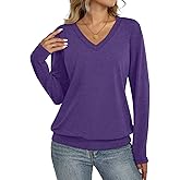 EasyGala Womens V Neck Long Sleeve Shirts Banded Bottom Cute Loose Fit Tops Dressy Casual Outfits for Fall Spring