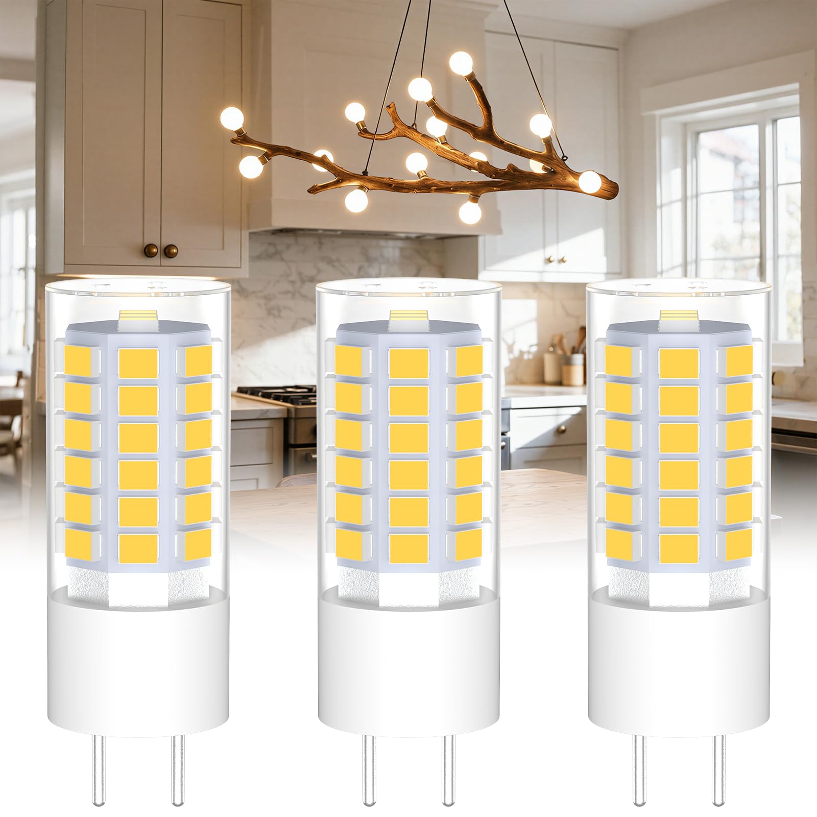 Noobibaba GY6.35 LED Bulb, 12V 4W GY6.35 Bulb, G6.35 Bulb LED T4 JC Type Bi-Pin Base Warm White 3000K, Replace 35W GY6.35/G6.35 Halogen Bulb for Home Kitchen Light, Non-Dimmable 3-Pack — image 1