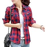 HamLen Women's Plaid Button Down Shirts Cotton Casual Long Sleeve Flannel Shirt Tops with Pocket