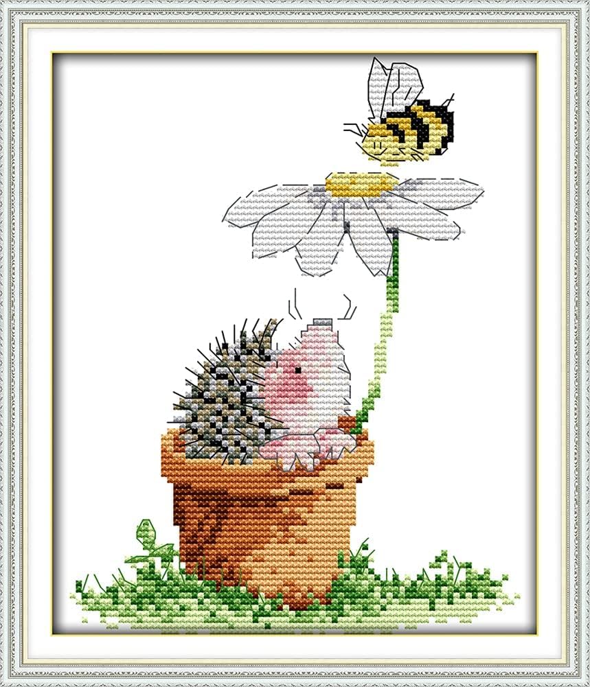 Gofission 11ct Stamped Cross Stitch Kits for Adults Beginners, Animal Cute Hedgehog with Daisy and Bee DIY Pre Printed Cross Stitch Embroidery Set with Accessories Wall Decor 24x28cm (Spring)