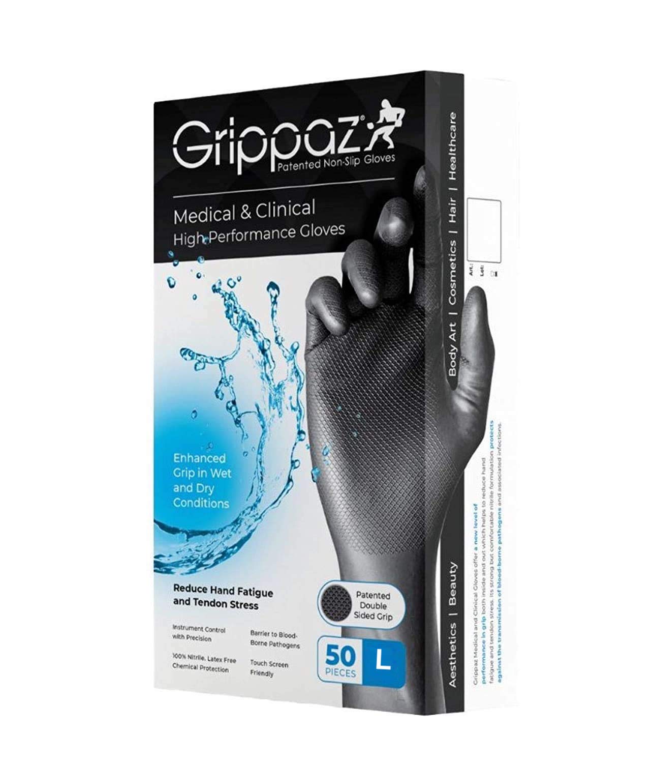 50 Pack of Grippaz™ Disposable Nitrile Clinical Gloves, Black, Medical