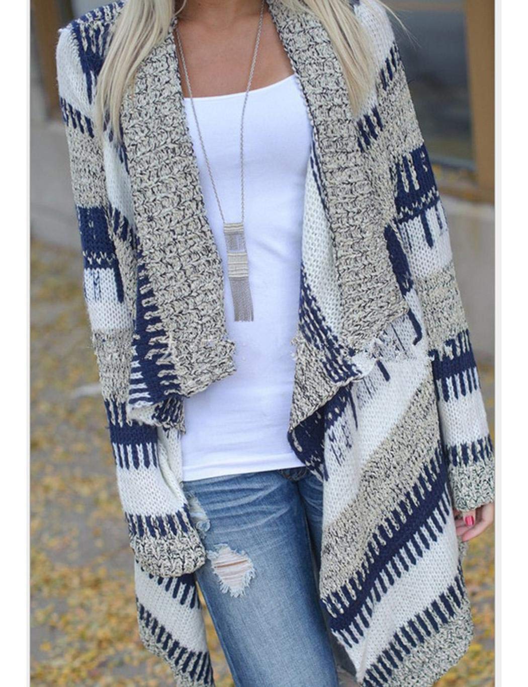 kirken Women Cotton Long Sleeve Cardigan Autumn Striped Loose Casual Daily Outwear Cardigans Blue