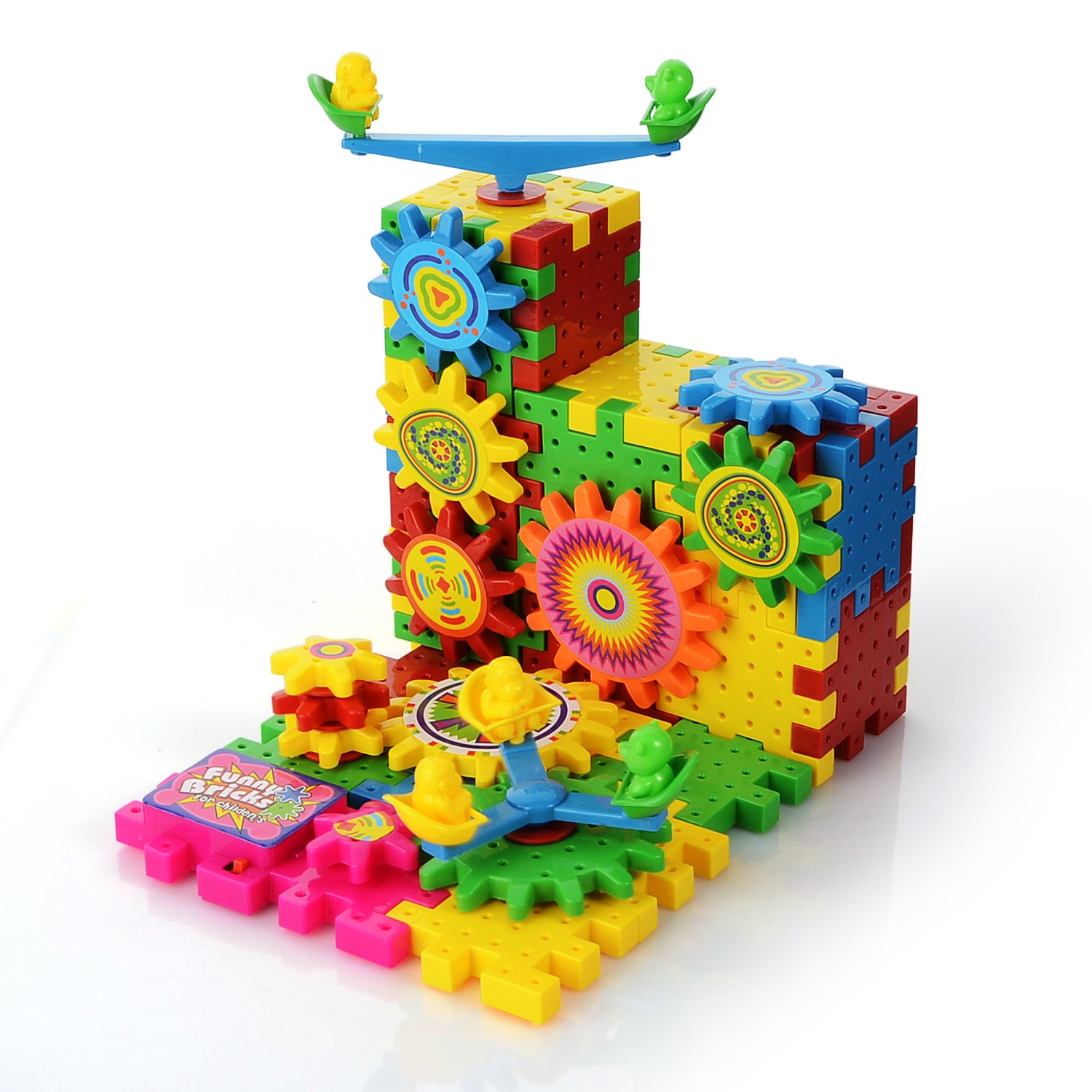 PovKeever Educational Gear Building Blocks Sets Toy Colorful Shapes Puzzle Electric Moving brick Interlocking Learning Blocks Motorized Spinning Gears Toys for Children Kids over 3 Years Old ,81 PCS