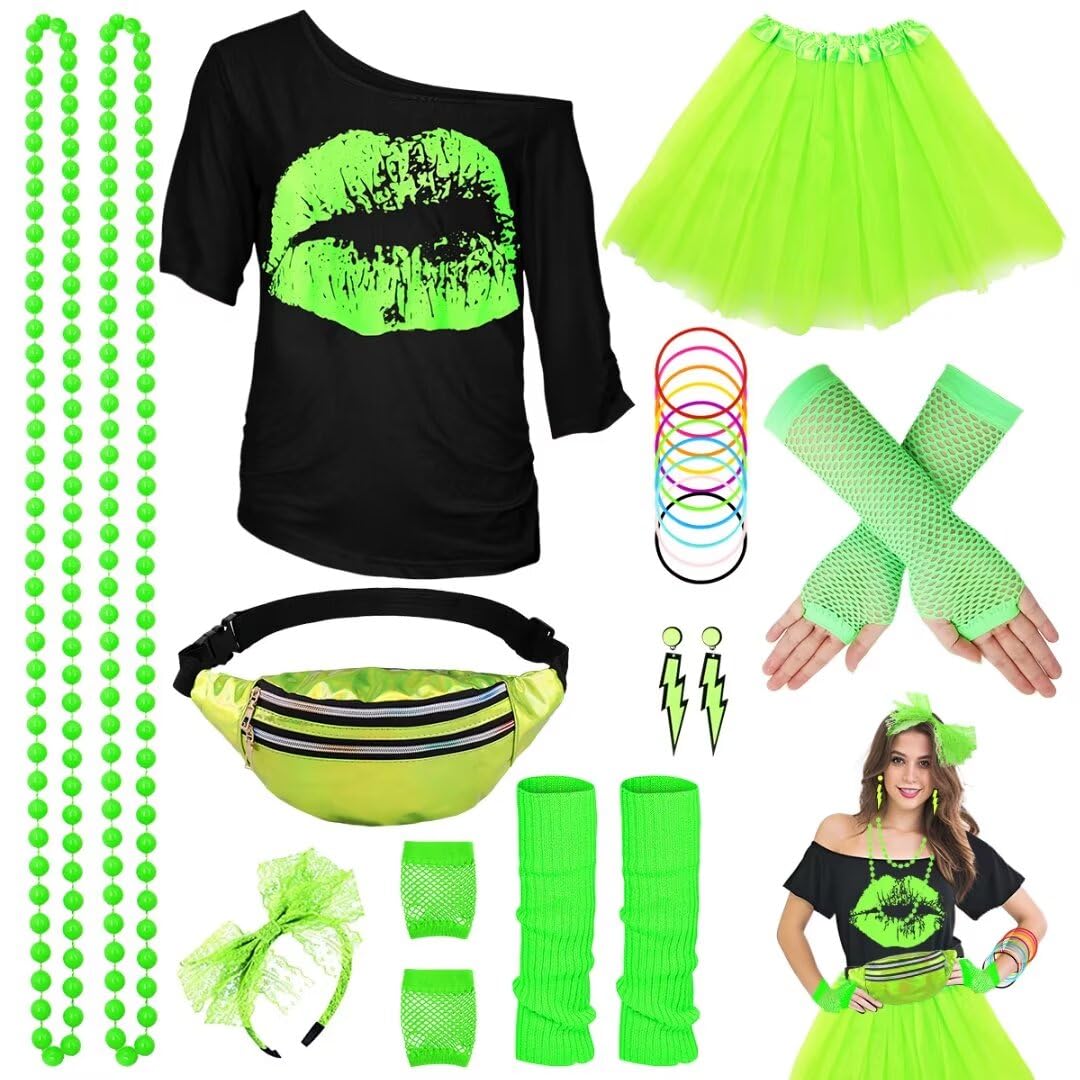 WILDPARTY 80s Fancy Dress For Women, Lip Print T-shirt, Tutu Skirt, Leg Warmers, Necklace, Fishnet Gloves, Earrings, Neon Costumes Accessories for Retro Theme Party Cosplay