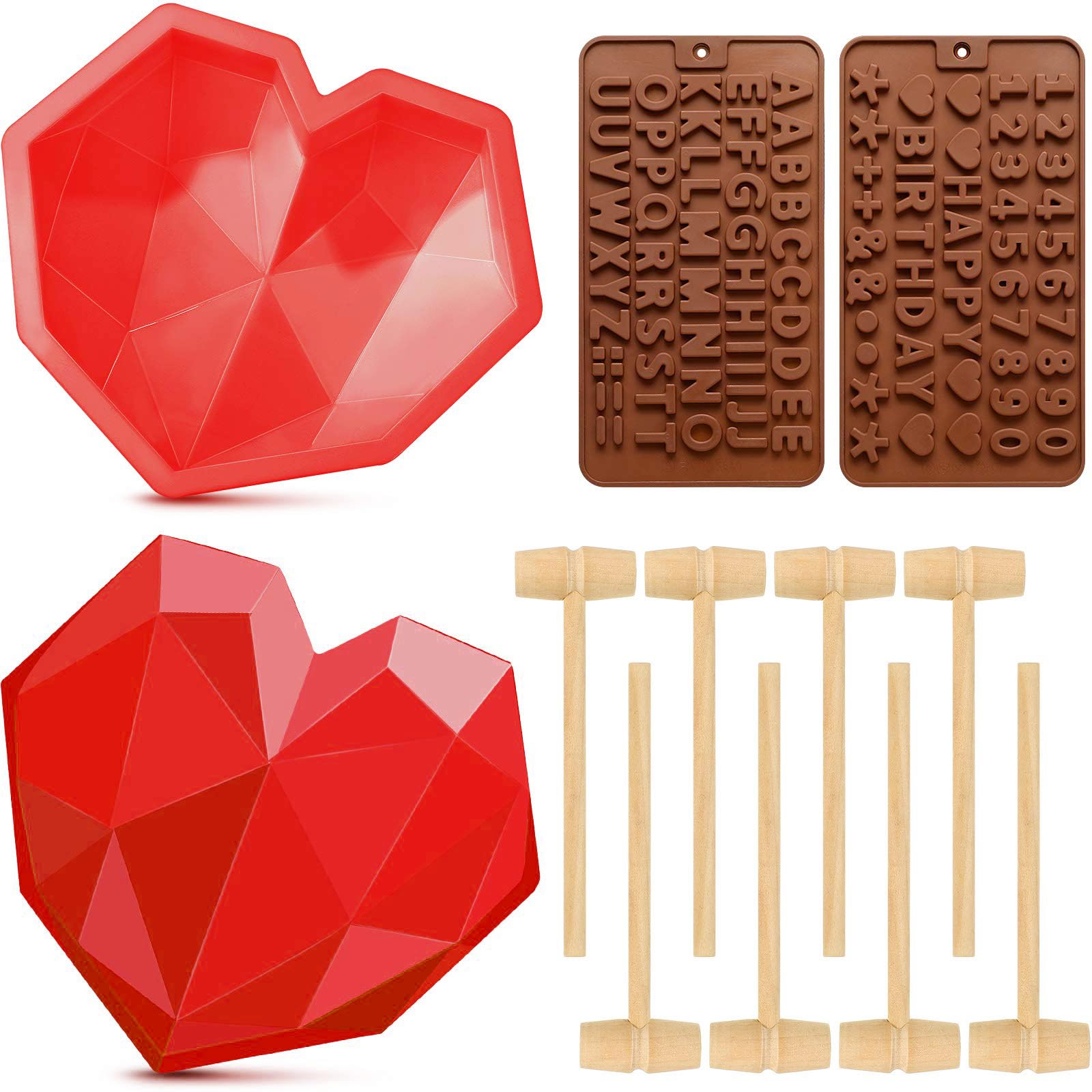 Diamond Heart Shape Silicone Cake Mold and Silicone Letter Mold and Number Chocolate Mold with 8 Pieces Mini Wooden Hammers for Home Kitchen DIY Baking Tools (Red)