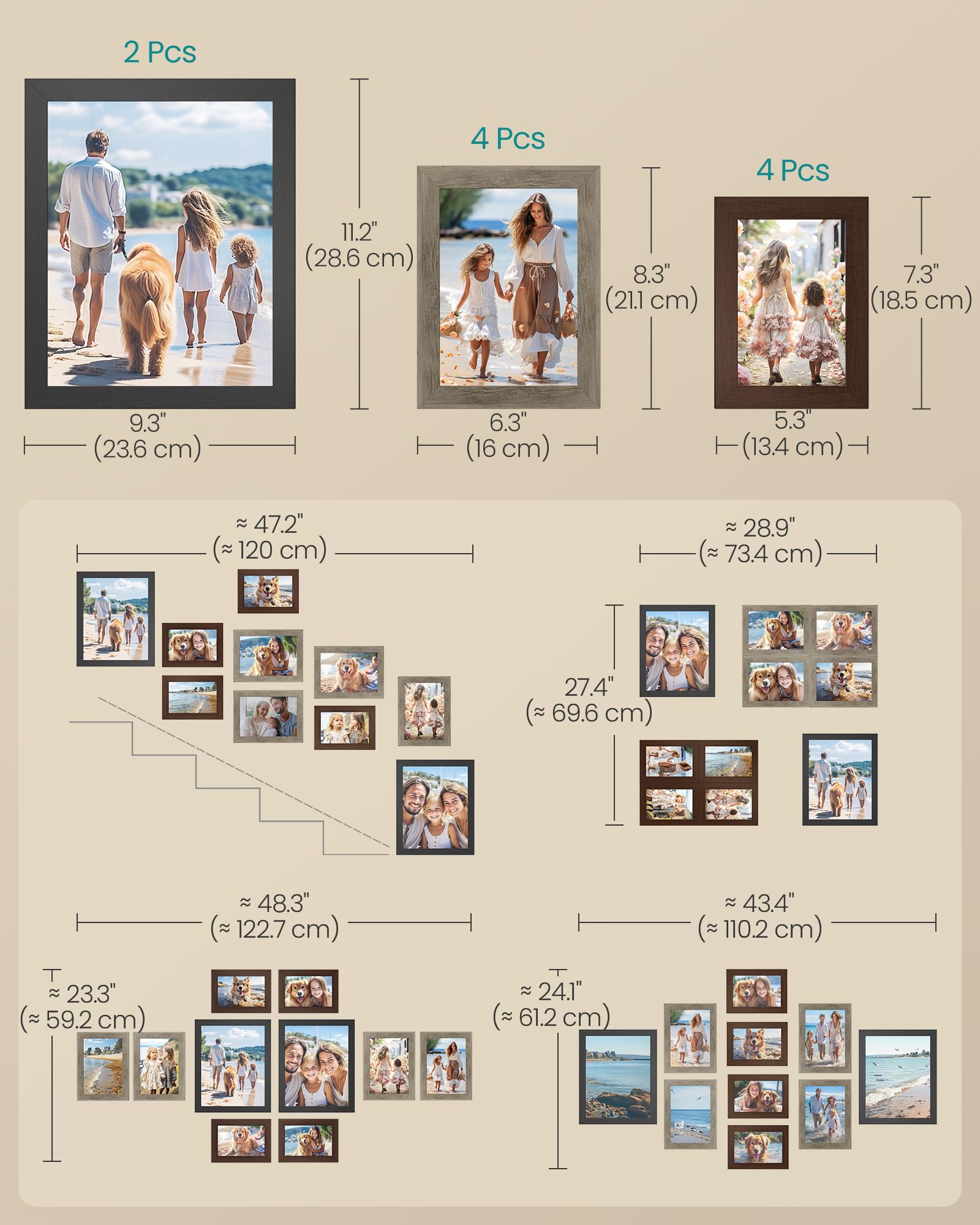 SONGMICS Picture Frames, Collage Picture Frames Set of 10, Two 8x10, Four 5x7, Four 4x6, Photo Frame for Wall Gallery Decor, Table Display, Glass, Maroon Brown, Heather Greige, Ash Black