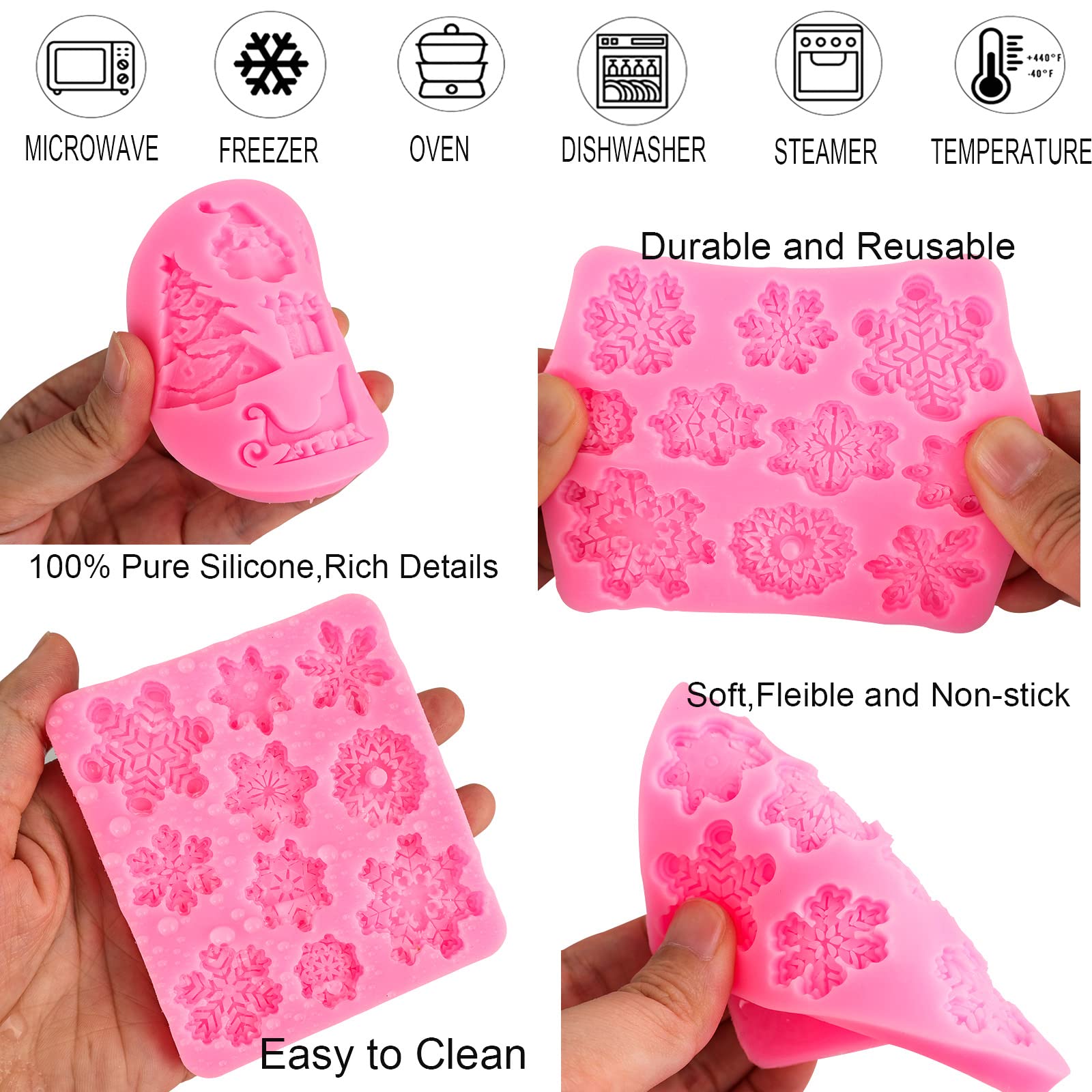 Christmas Silicone Fondant Candy Soap Cake Molds - Snowflake, Tree, Reindeer, Holly Leaves - Baking Molds for Christmas and New Year Party Cupcake Decor, 8 Pieces