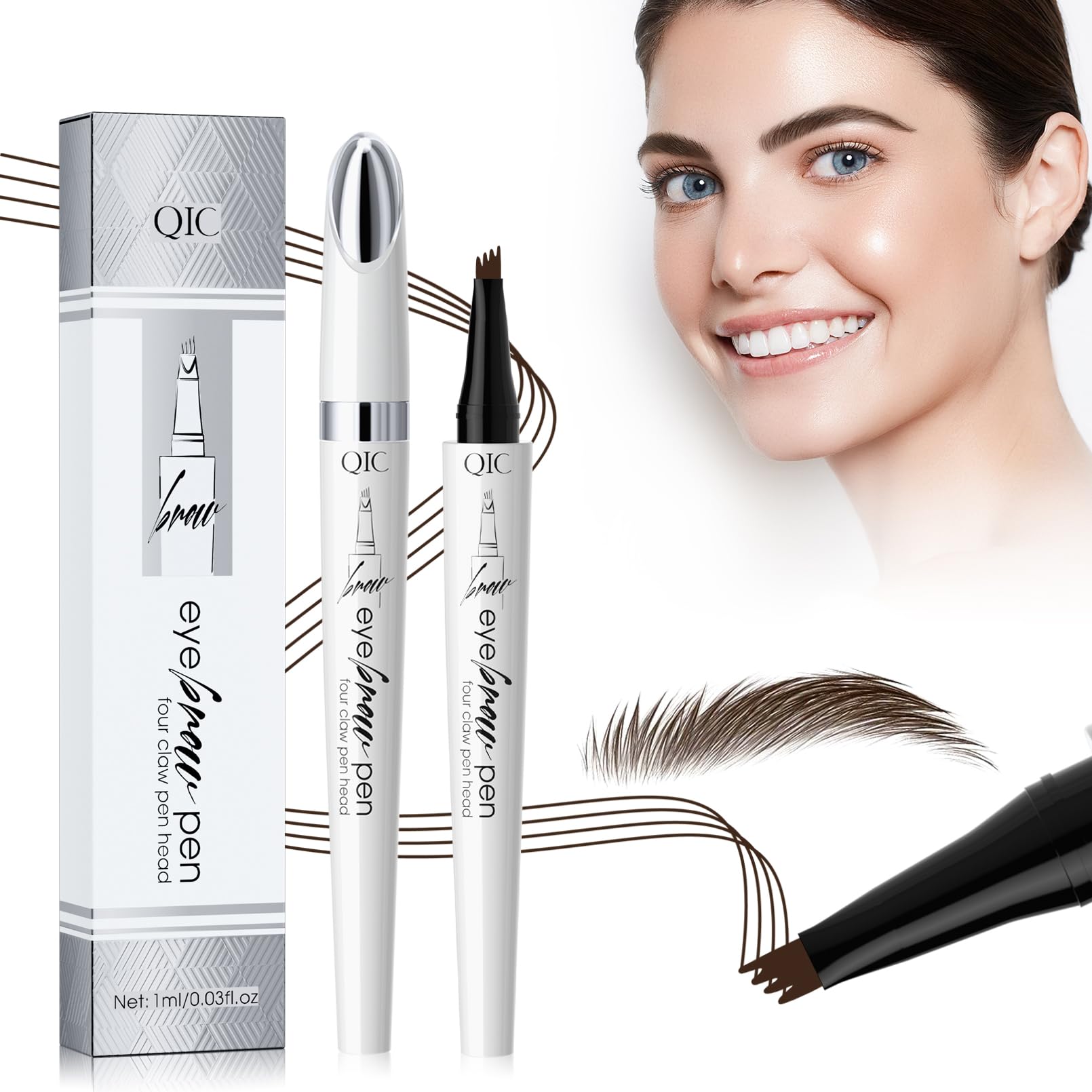 Magic Eyebrow Pencil with 4 Micro-Fork Tip Long-lasting Waterproof Eyebrow Pen and Smudgeproof Brow Pen,Creates Natural Looking Defined Eyebrows(Dark Brown)
