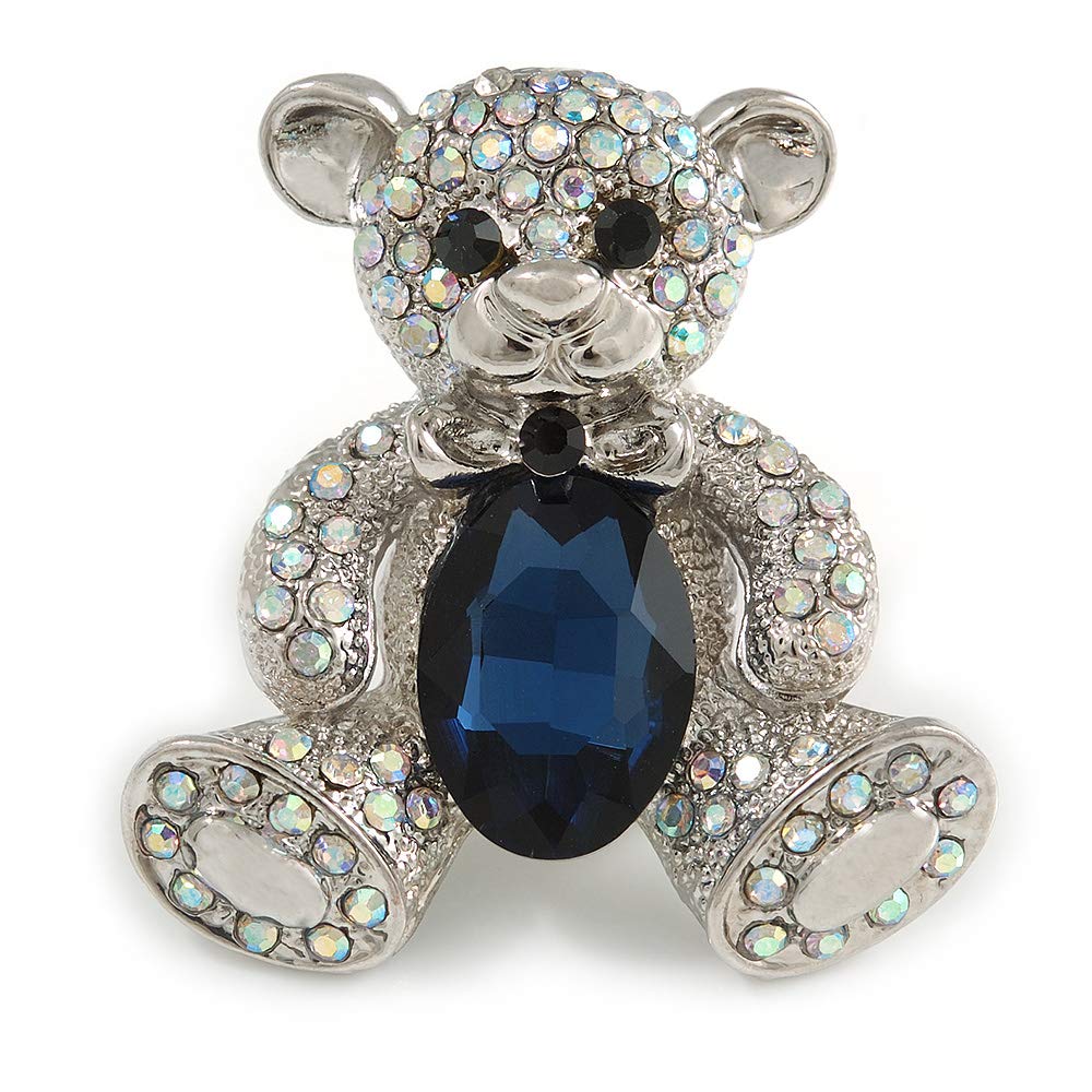 AB Crystal Dark Blue Glass Stone Teddy Bear Brooch/Pendant In Silver Tone - 45mm Long