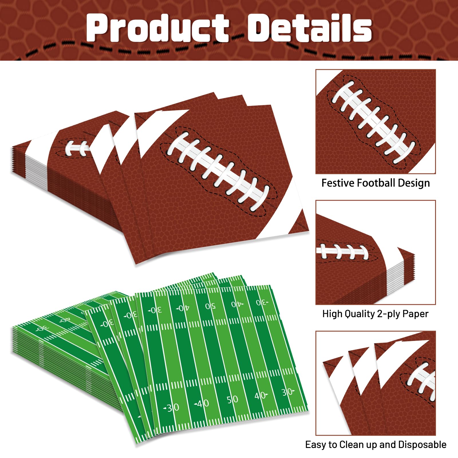 Pack of 50, Football Paper Napkins, 25 Brown Football and 25 Green Field Design Disposable Cocktail Napkins for Sports Football Game Events Supplies Birthday Party Decorations, 13x13 Inches Unfolded