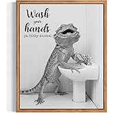 Bearded Dragon Wash your Hand Poster Framed Art Print, Animal Funny Humor Restroom Painting Wildlife Bathroom Bath Shower Wall Art Decor Nature A6 (Bearded Dragon Wash your Hand, 14"L x 11"W, Wood Frame)