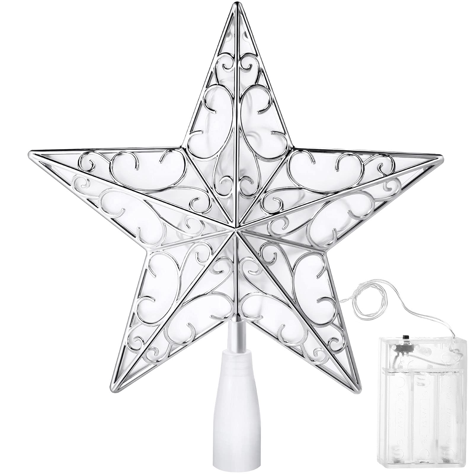 Photo 1 of Nuanchu Christmas Star Tree Topper 10.4 x 9.4 Inch Large 3D Glitter Topper Ornament Metal Hollowed with 20 LED Lights Vintage Xmas Reflector Treetop New Year Holiday Indoor Decor(Silver White)