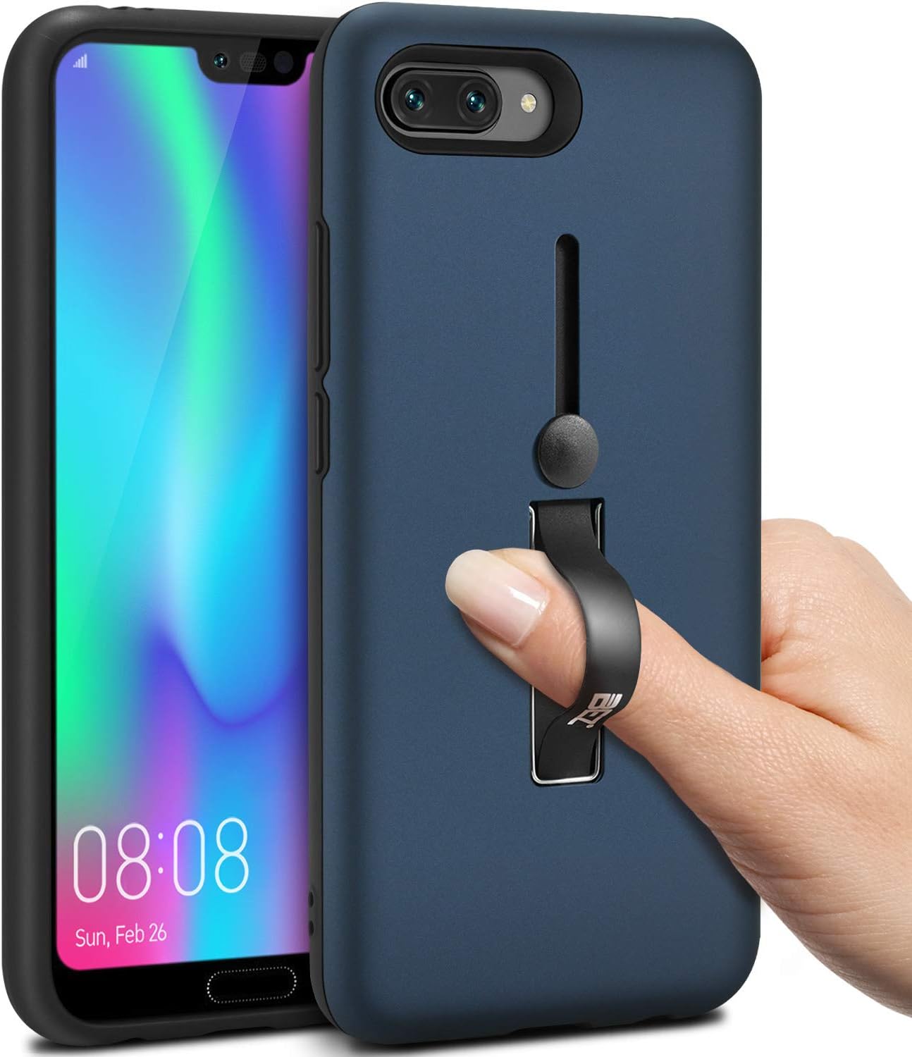 BEZ Case for Honor 10 Case, Finger Strap Cover Compatible with Huawei Honor 10, Ring Holder Shock-Absorption Bumper with Stand Function, Blue Navy