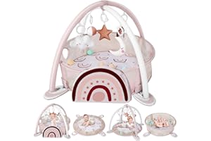 dearlomum 4-in-1 Baby Play Mat Baby Gym,Tummy Time Mat for Floor Activity Gym Ball Pit Including 30 Balls with 5 Infant Learning Sensory Baby Toys for Newborn Toddler Boy & Girl Gifts(Rainbow)