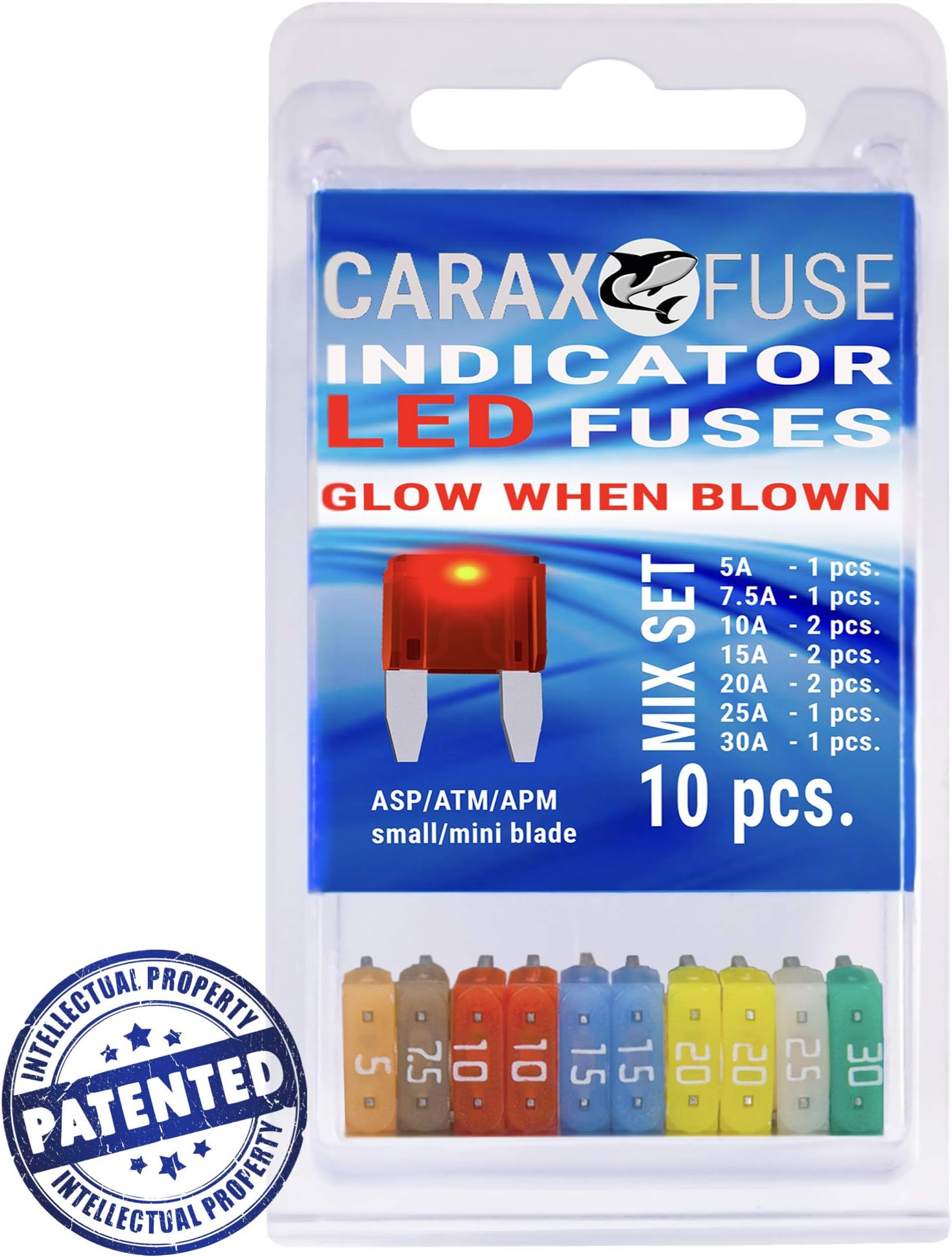 Fuse MINI Blade - 10 Pack MIX - Smart GLOW Fuse - Car Fuse Automotive ATC/ATO - Fuses Replacement - Easy Identification - Illuminating Indicator Fuse That Glow When Blown - CARAX Smart Fuse 10 pcs.