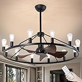 Miuyhji Wheel Ceiling Fan 44 Inches Large,Industrial Ceiling Fans with Lights and Remote,Vintage Chandelier Fans with 12 Cand