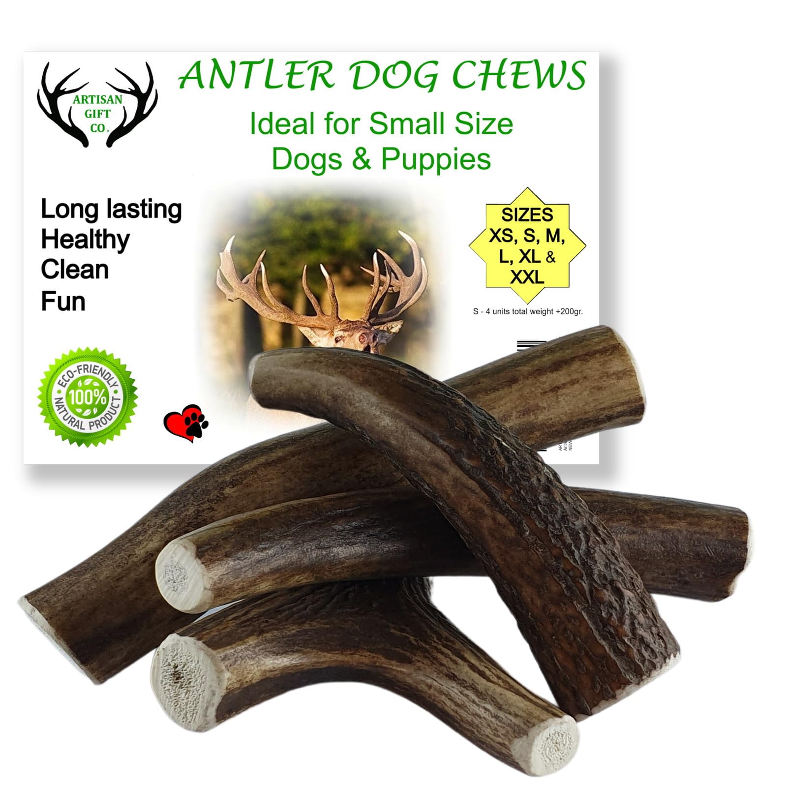 ARTISAN GIFT CO Naturally Shed 100% Natural Premium Deer Antler Chew for Dogs - minimum pack weight 200g (S - 4 Units)
