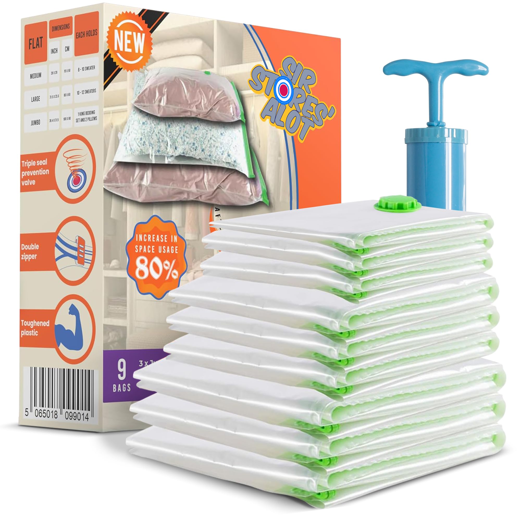Sir Stores'alot Space Saver Vacuum Storage Bags - 9-Pack Lightweight & Reusable Air Tight Bags for Clothes & Beddings - 3 Jumbo, 3 Medium, 3 Large
