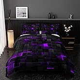 Nttopship Neon Purple Black Comforter Set Full Geometric Kids Bedding Set,3 PCS Geometry Honeycomb Bed Set Modern Quilt Set 1 Comforter 2 Pillow Cases Cool Room Decor All Season B-Side Black