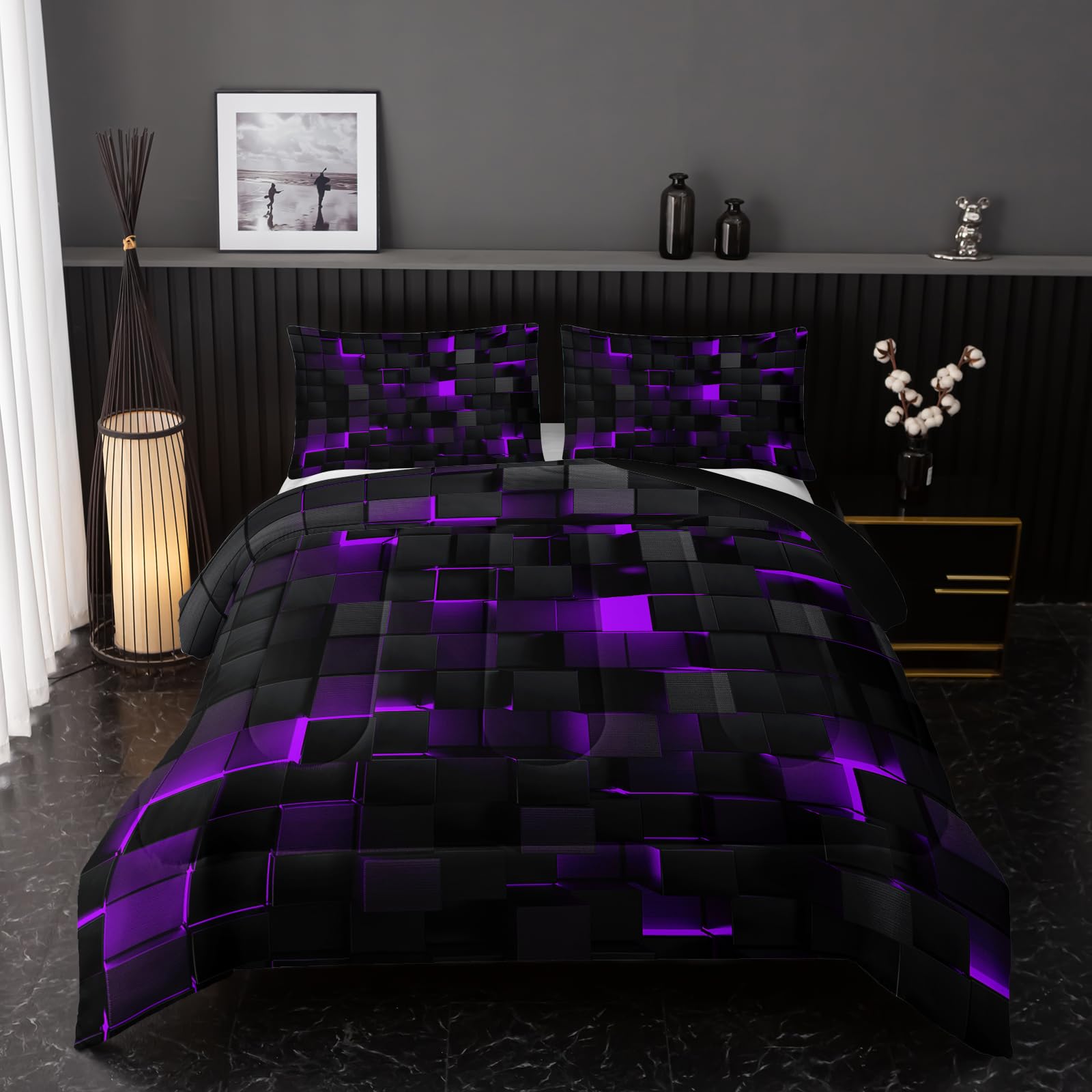 Photo 1 of Nttopship Neon Purple Black Comforter Set Full Geometric Kids Bedding Set,3 PCS Geometry Honeycomb Bed Set Modern Quilt Set 1 Comforter 2 Pillow Cases Cool Room Decor All Season B-Side Black