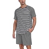PrinStory Men‘s Pajama Set Summer Pjs Sleepwear Nightwear Lightweight Quick Dry Soft Stripe Sleep Set With Pocket S-2XL