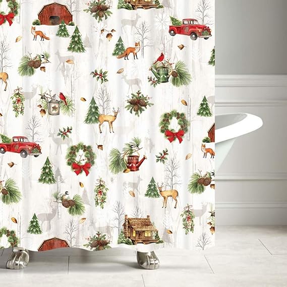 RTTGOR Cortina de Ducha Camión Retro Rojo con árbol de Navidad Zorro y