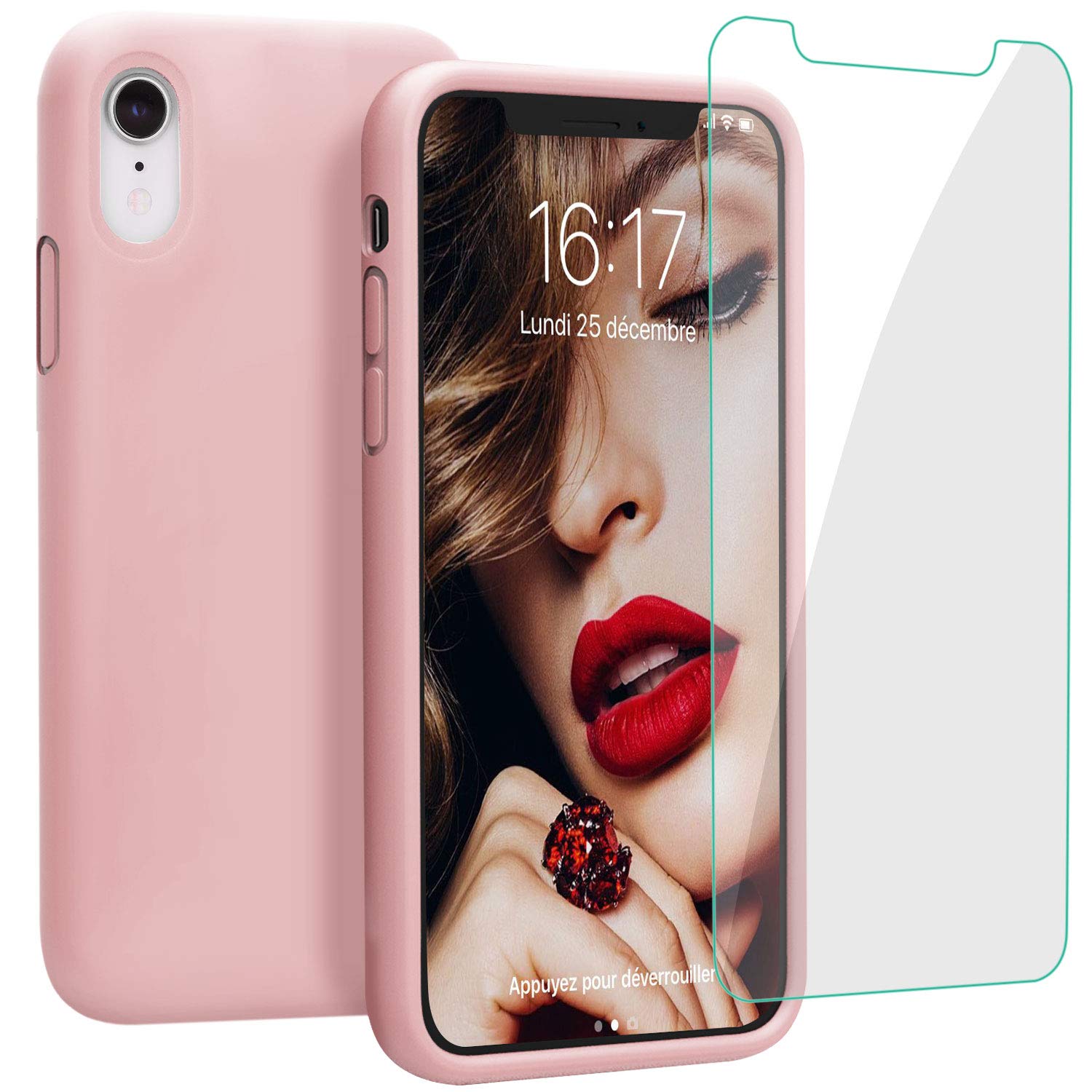 JASBON Coque pour iPhone XR Coque Silicone Liquide avec Protecteur d\'écran Gratuit, Housse Etui de Protection Anti Choc Gel Case pour iPhone XR – Rose Claire
