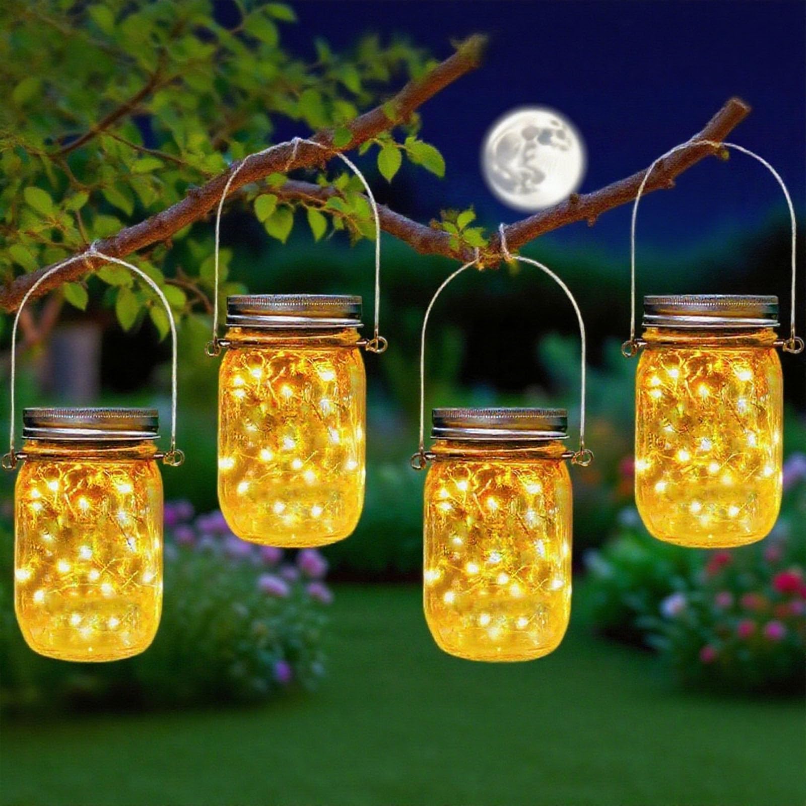 XVZ Solar Lights for Outdoor Hanging,4 Pack Solar Mason Jar Lights Waterproof Lantern for Outdoor Table Patio Balcony Decoration (Warm White)