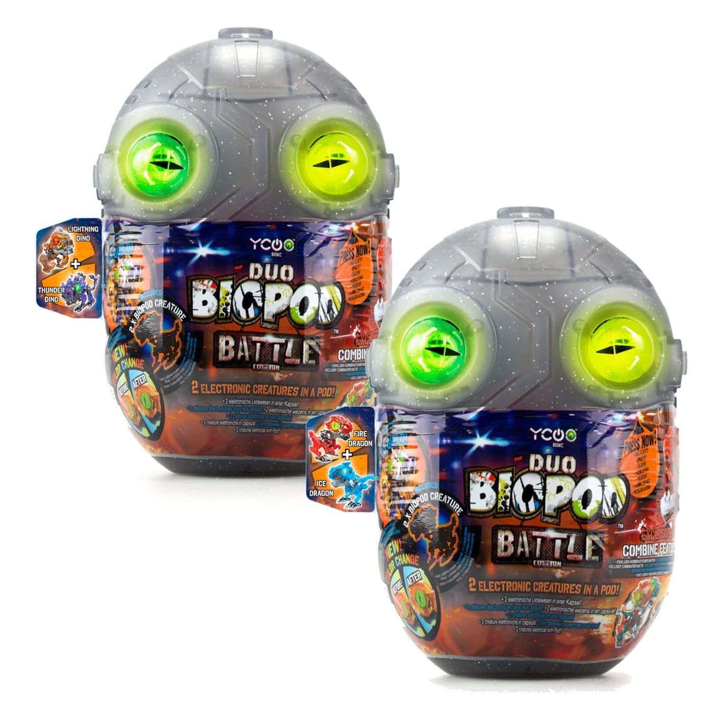 Silverlit YCOO Biopod Battle Duo Pack - Interactive Jurassic Robots - 2 Small Electronic Dinosaurs to Assemble - Light Sound Effects - 4 Robot Toys to Collect - 9 cm - Suitable for Ages 5 and Above