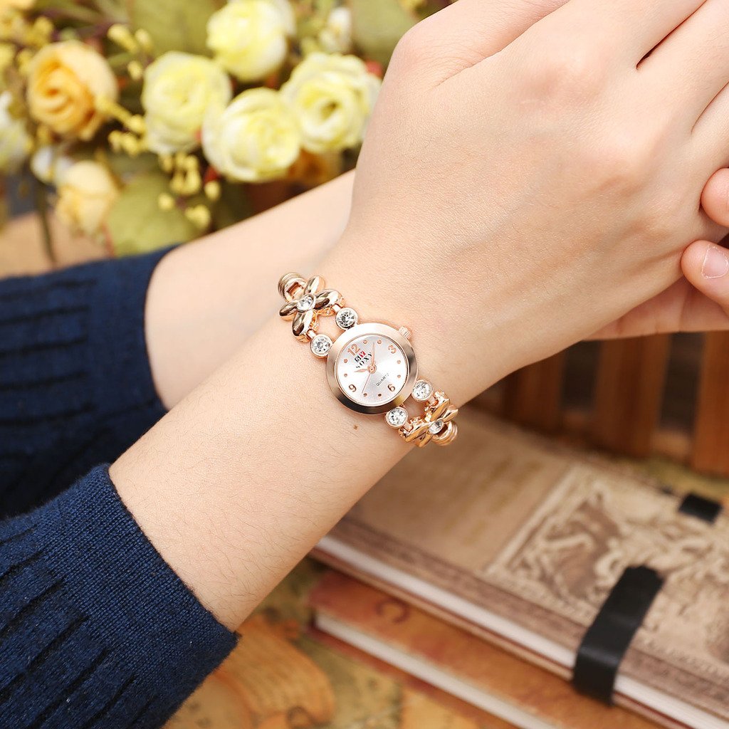 Top Plaza Fashion Womens Girls Crystal Accented Flower Design Rose Gold Metal Luxury Bracelet Watch