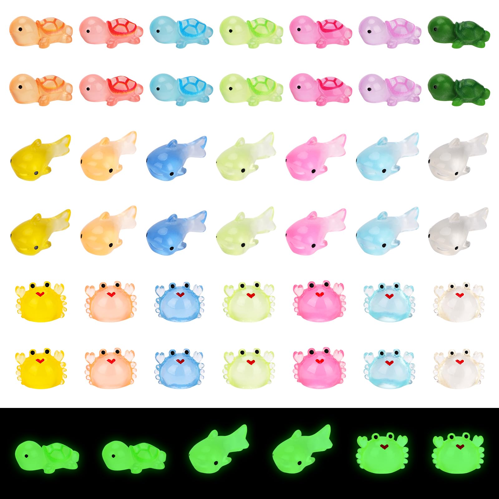NQEUEPN 42pcs Mini Resin Animal Statue, Glow in the Dark Marine Animal Ornaments, Cute Crab Shark Turtle for DIY Crafts, Miniature Landscape Dollhouse Decoration, Multicolored