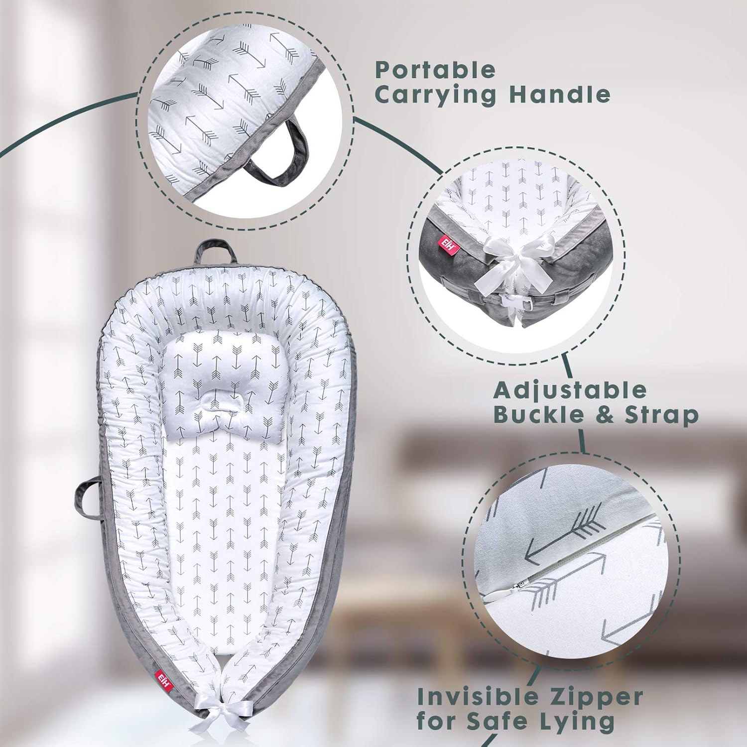 EIH Baby Nest,Baby Lounger Co-Sleeping Baby Bassinet for Bed Newborn Lounger 100% Soft Cotton Breathable and Portable Crib with Pillow Perfect for Traveling and Napping (Arrow): Baby